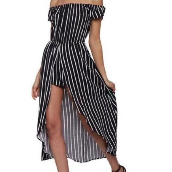 Ambiance Women's Striped Off the Shoulder Maxi Romper Wrap Dress - Picture 2 of 7